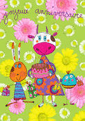 Vache joyeuse avec g&acirc;teau et fleurs
